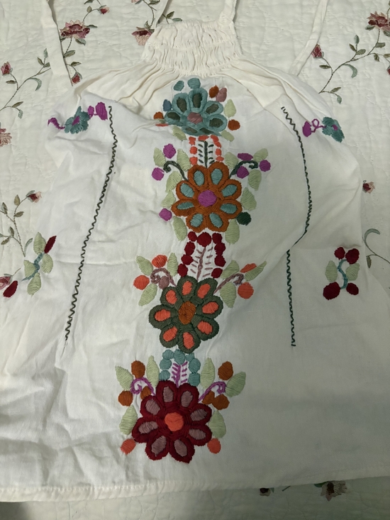 MEXICANA Tops - MEXICANA White Cotton Top with Multicolor Floral HAND Embroidery